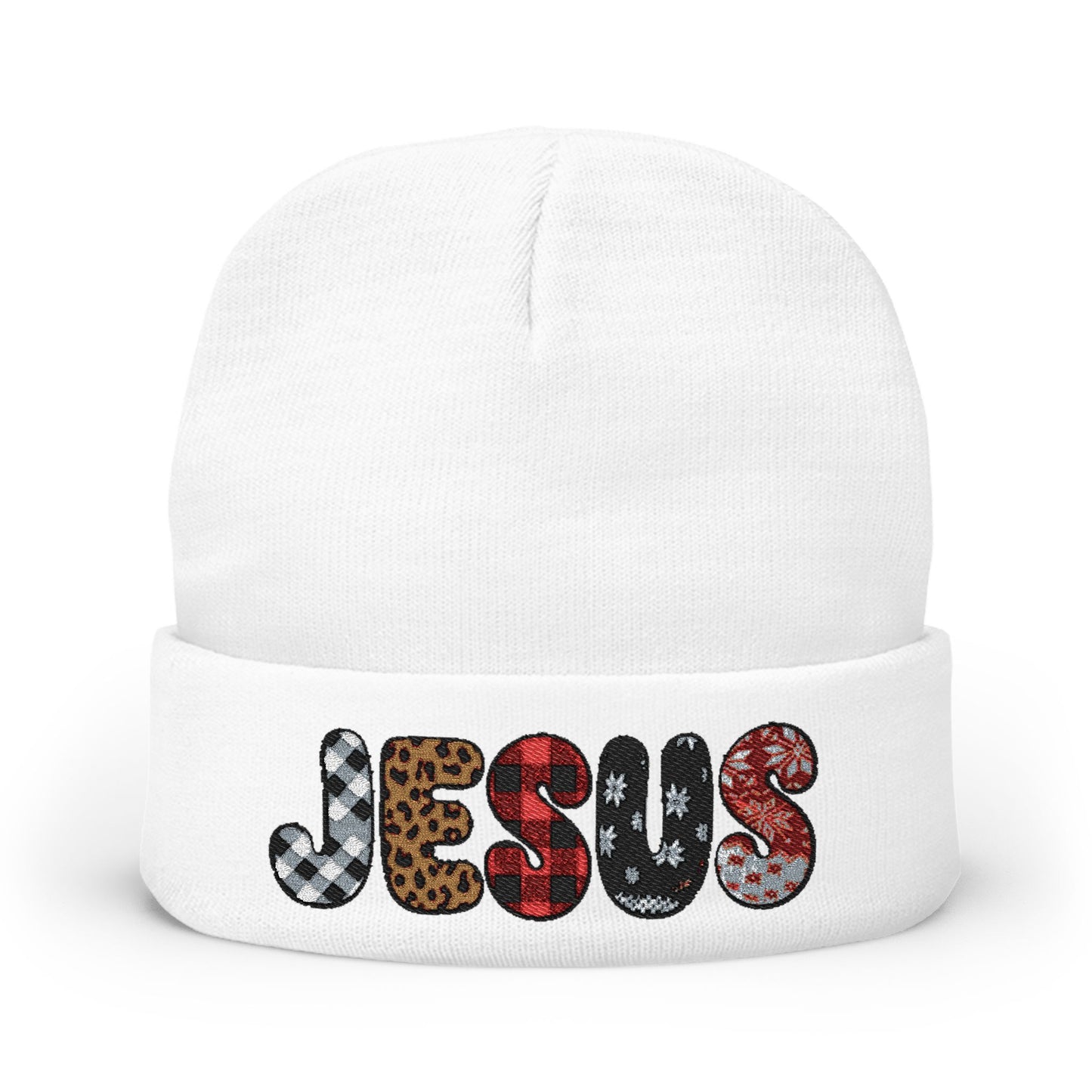 Embroidered 'JESUS' Knit Beanie – Leopard & Sequin Pattern Cuff
