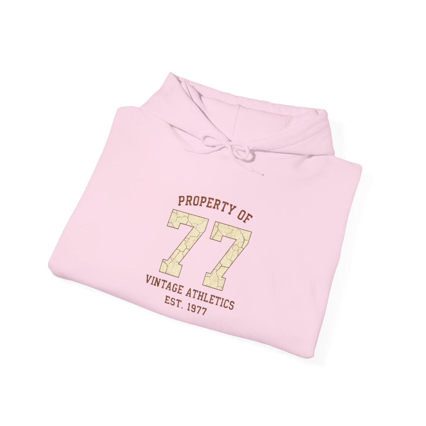 Vintage 77 Birth Year Varsity Hoodie – Retro 'Property of 77' Birth Year Comfort Sweatshirt