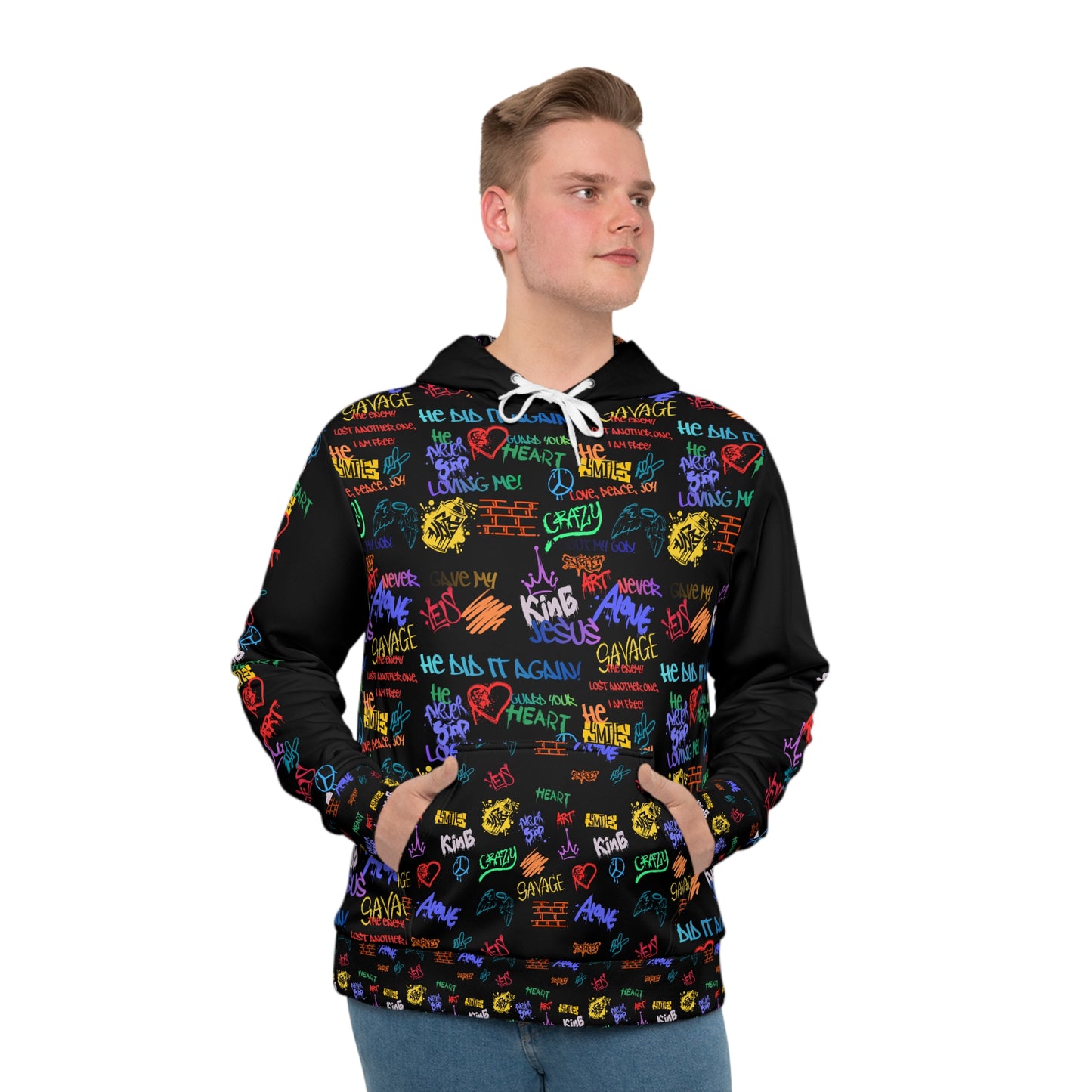 Christian Graffiti Text All-Over Print Hoodie — Colorful Motivational Streetwear