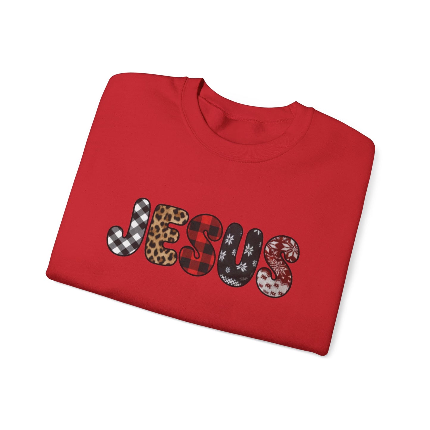 Jesus CHRIST-mas season Graphic Sweatshirt — Leopard & Plaid Patchwork Faith Crewneck