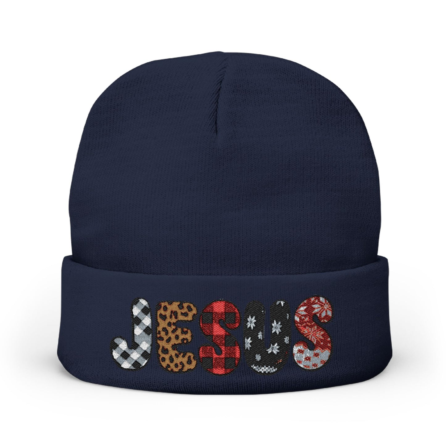 Embroidered 'JESUS' Knit Beanie – Leopard & Sequin Pattern Cuff