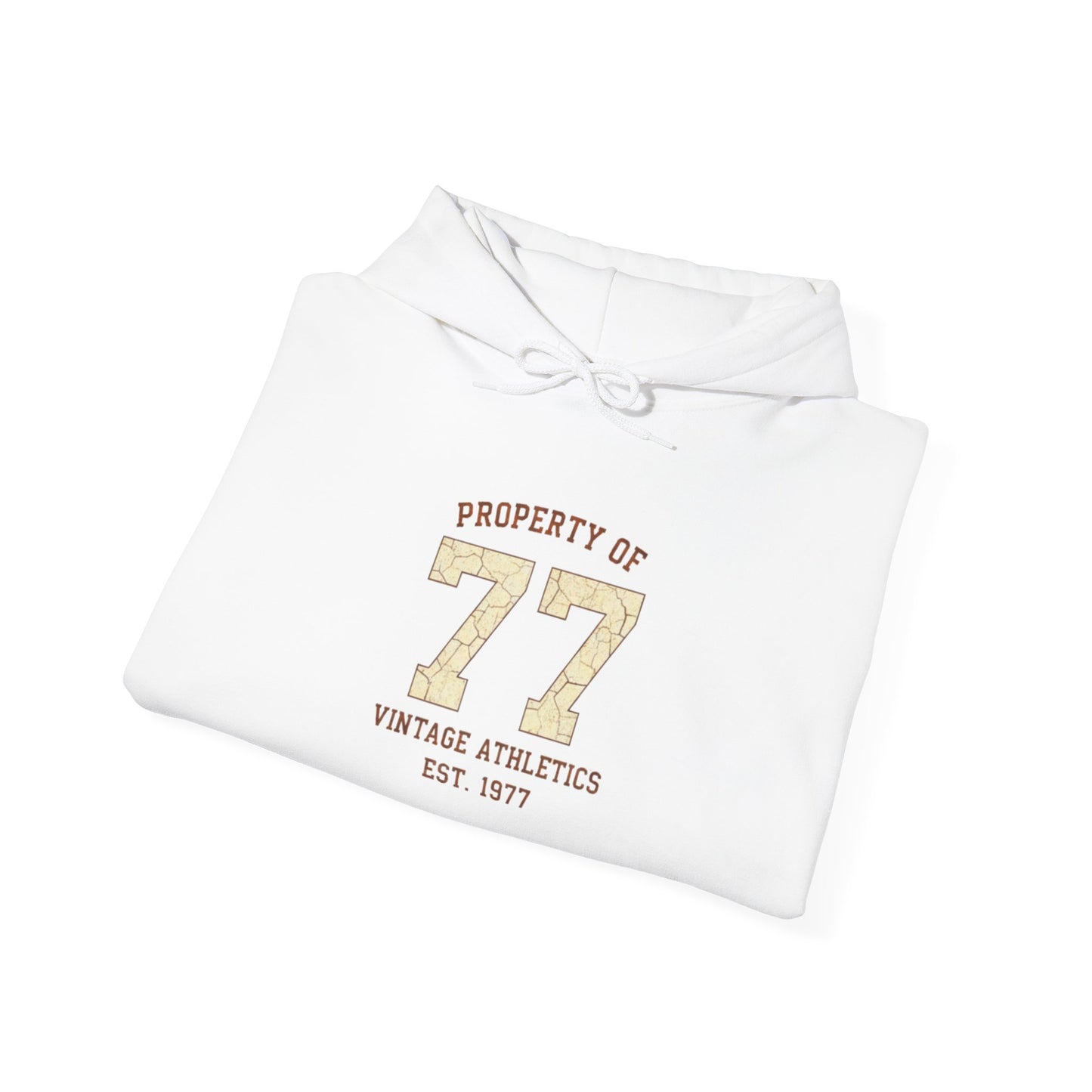Vintage 77 Birth Year Varsity Hoodie – Retro 'Property of 77' Birth Year Comfort Sweatshirt
