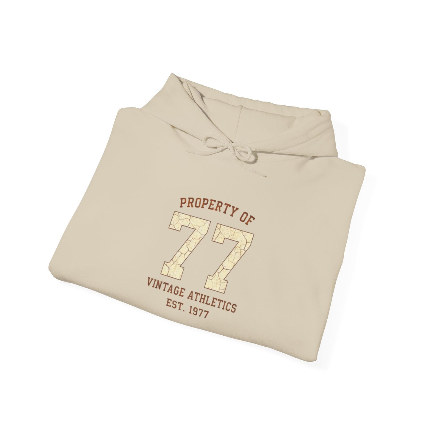 Vintage 77 Birth Year Varsity Hoodie – Retro 'Property of 77' Birth Year Comfort Sweatshirt