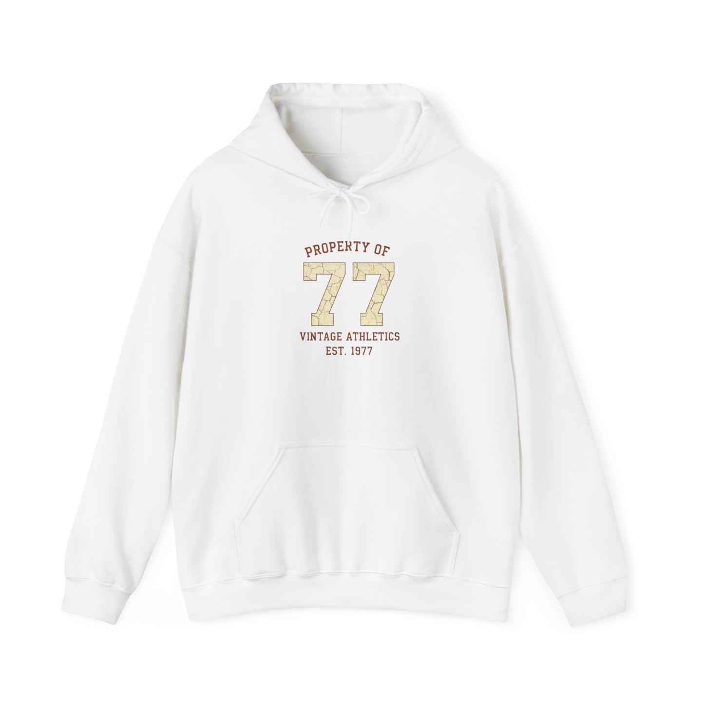 Vintage 77 Birth Year Varsity Hoodie – Retro 'Property of 77' Birth Year Comfort Sweatshirt