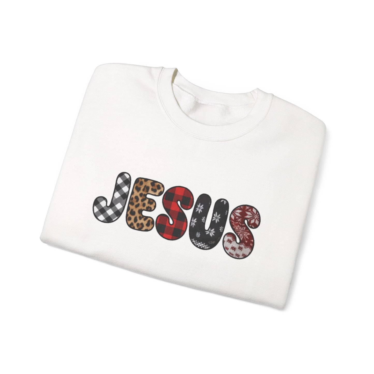 Jesus CHRIST-mas season Graphic Sweatshirt — Leopard & Plaid Patchwork Faith Crewneck