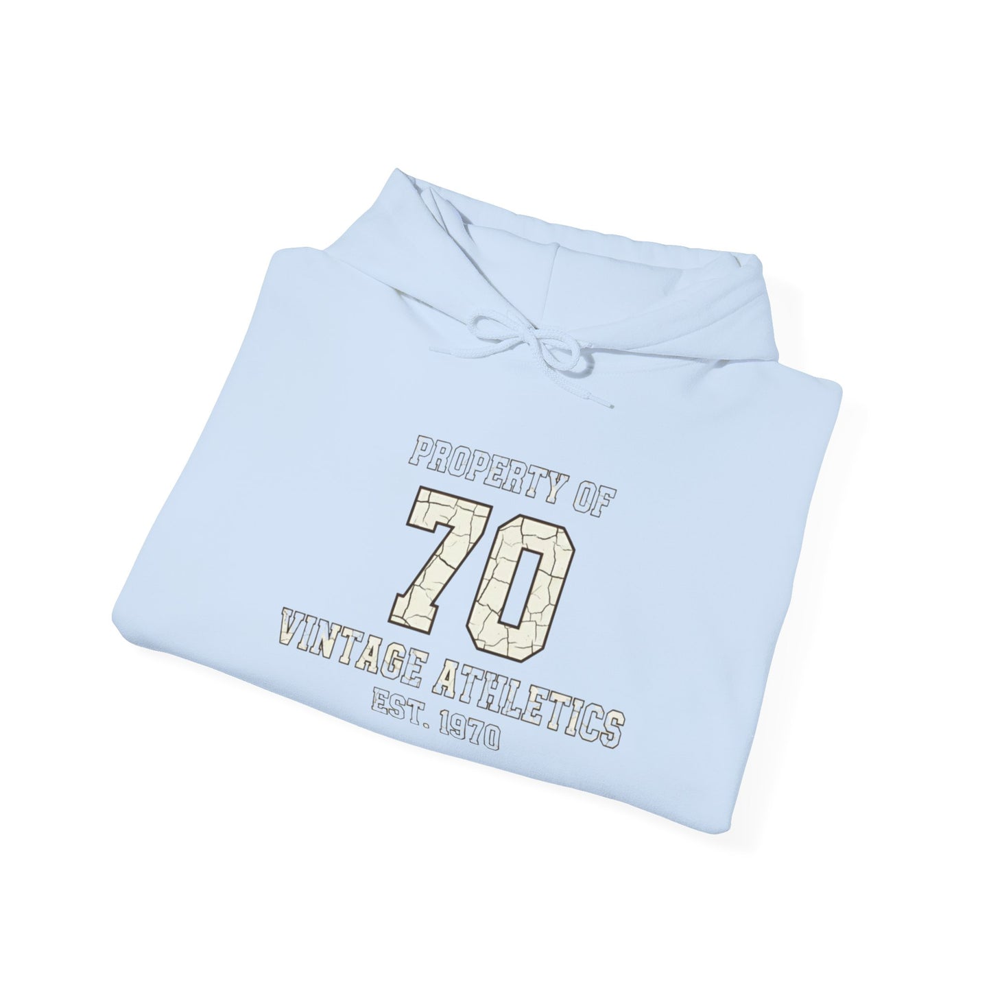Vintage 70 Birth Year Varsity Hoodie – Retro 'Property of 70' Birth Year Comfort Sweatshirt