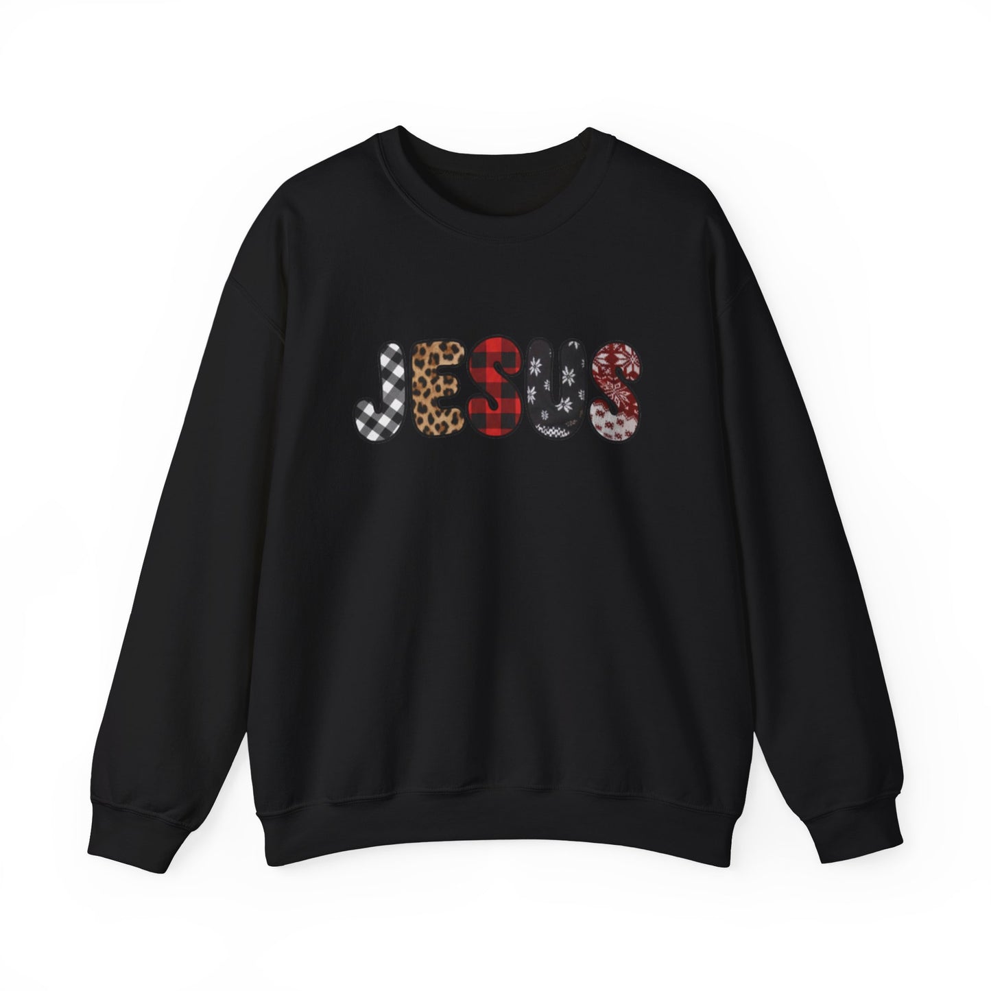 Jesus CHRIST-mas season Graphic Sweatshirt — Leopard & Plaid Patchwork Faith Crewneck