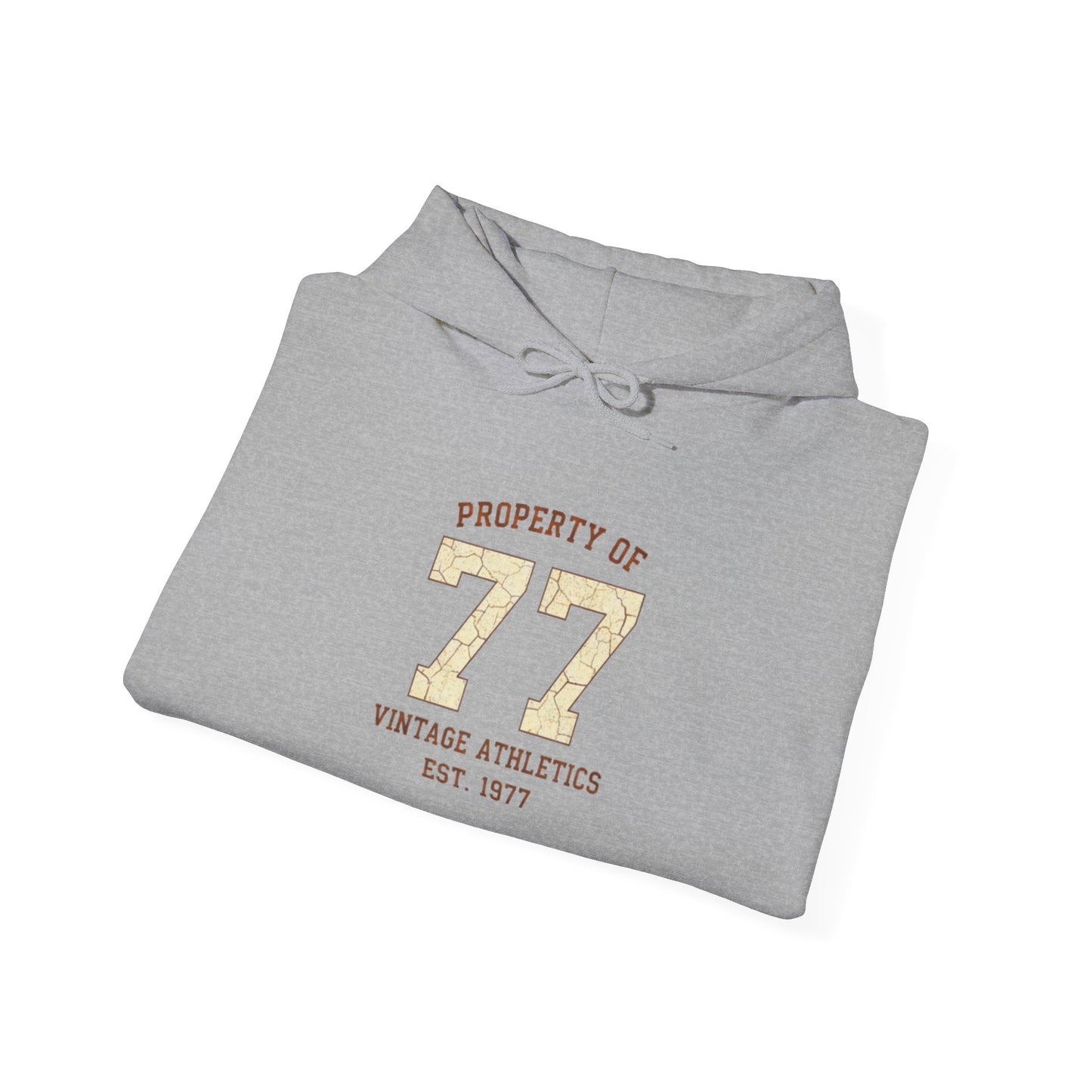Vintage 77 Birth Year Varsity Hoodie – Retro 'Property of 77' Birth Year Comfort Sweatshirt