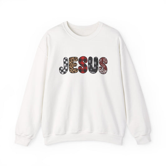 Jesus CHRIST-mas season Graphic Sweatshirt — Leopard & Plaid Patchwork Faith Crewneck