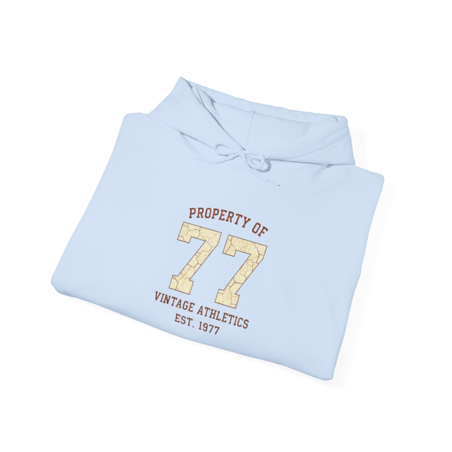 Vintage 77 Birth Year Varsity Hoodie – Retro 'Property of 77' Birth Year Comfort Sweatshirt