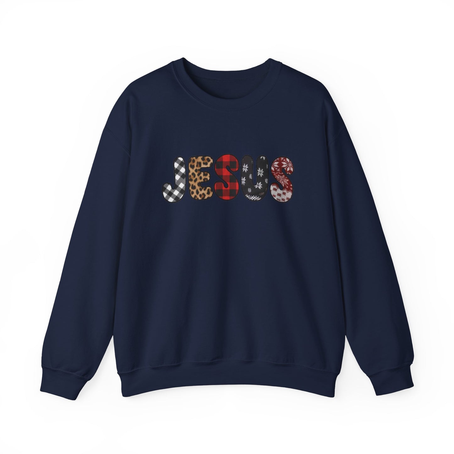 Jesus CHRIST-mas season Graphic Sweatshirt — Leopard & Plaid Patchwork Faith Crewneck