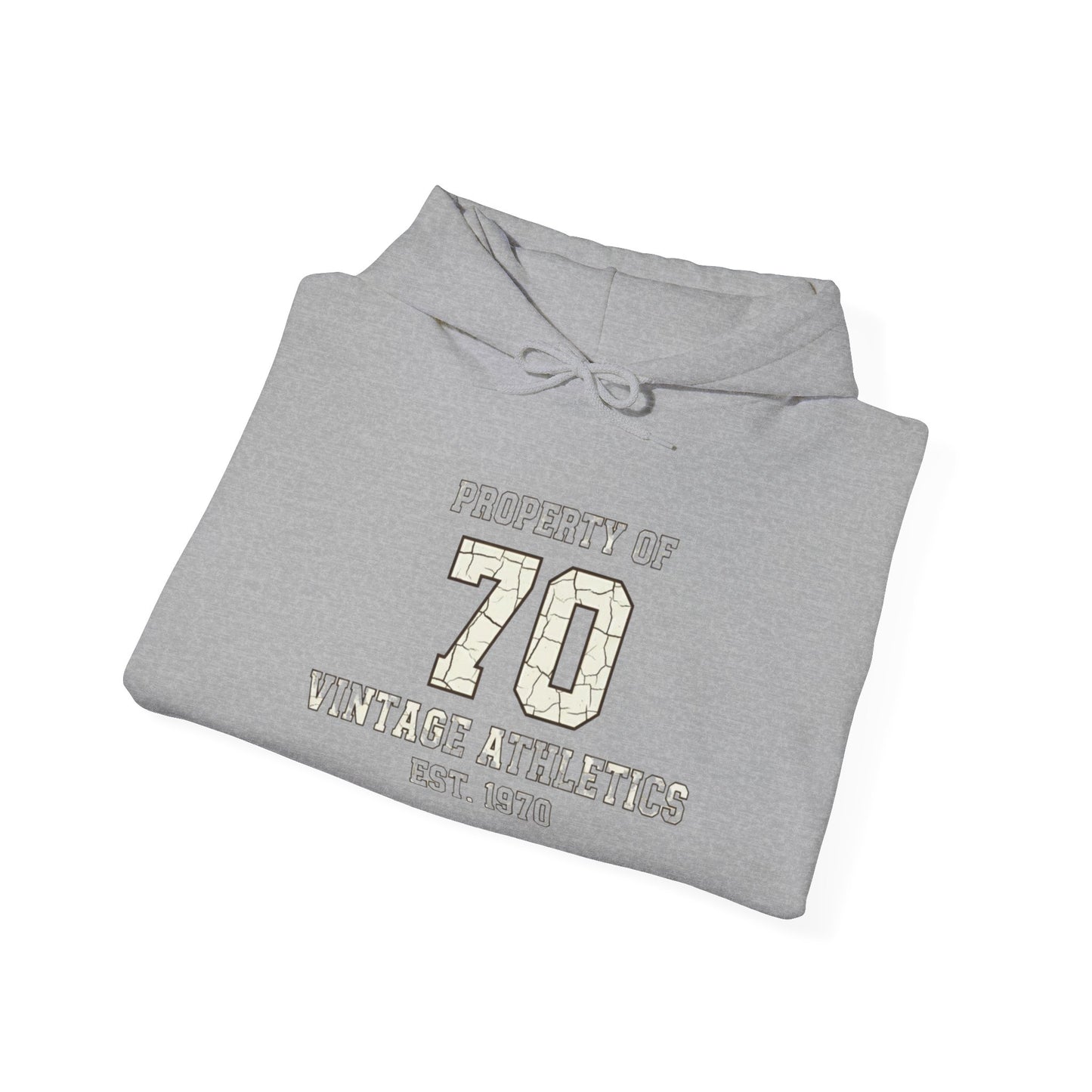 Vintage 70 Birth Year Varsity Hoodie – Retro 'Property of 70' Birth Year Comfort Sweatshirt