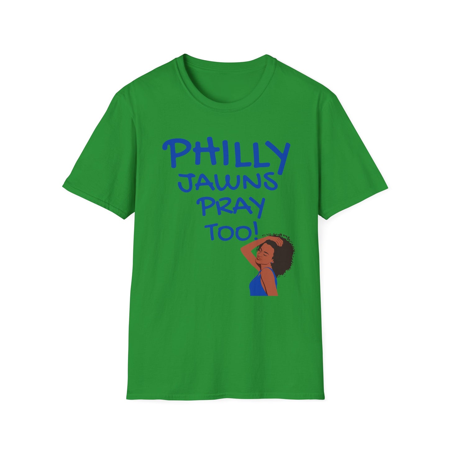 PHILLY JAWNS PRAY TOO BLUE WRITING Unisex Softstyle T-Shirt