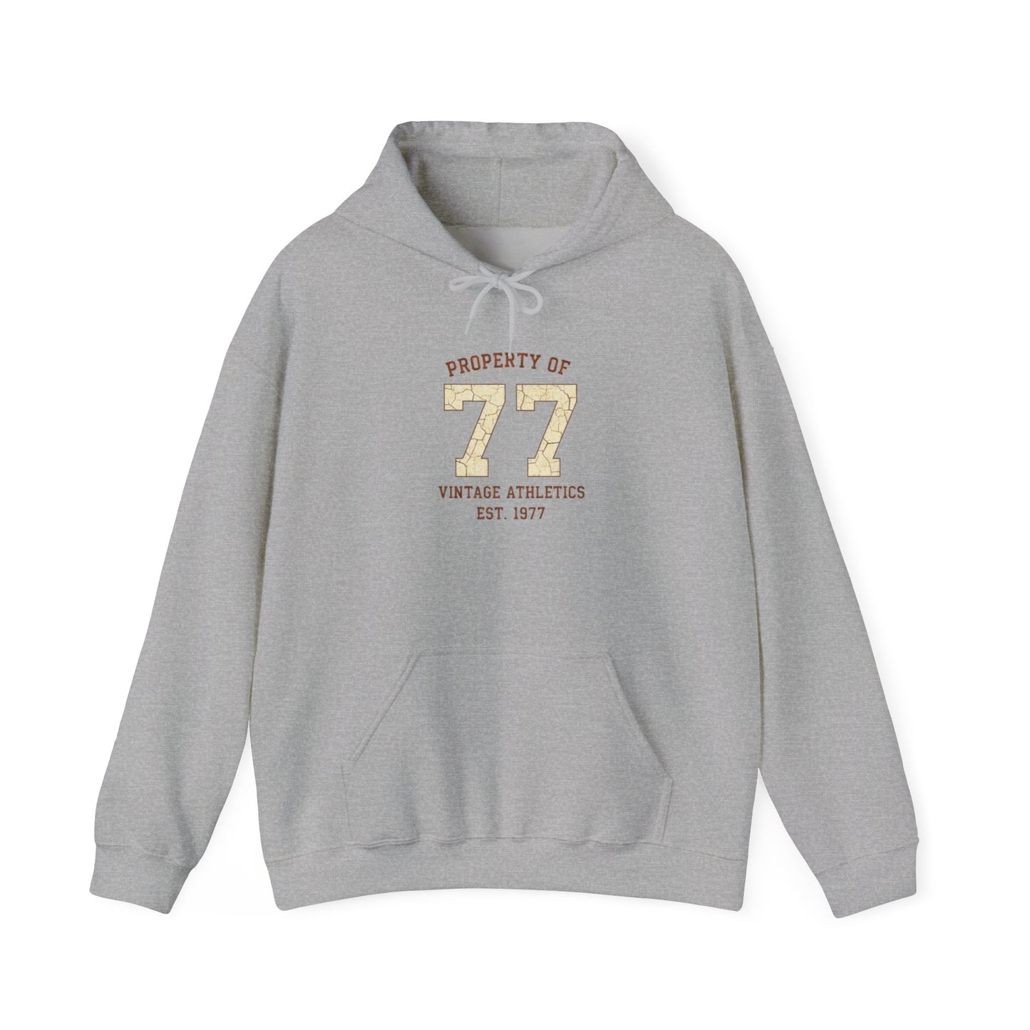 Vintage 77 Birth Year Varsity Hoodie – Retro 'Property of 77' Birth Year Comfort Sweatshirt