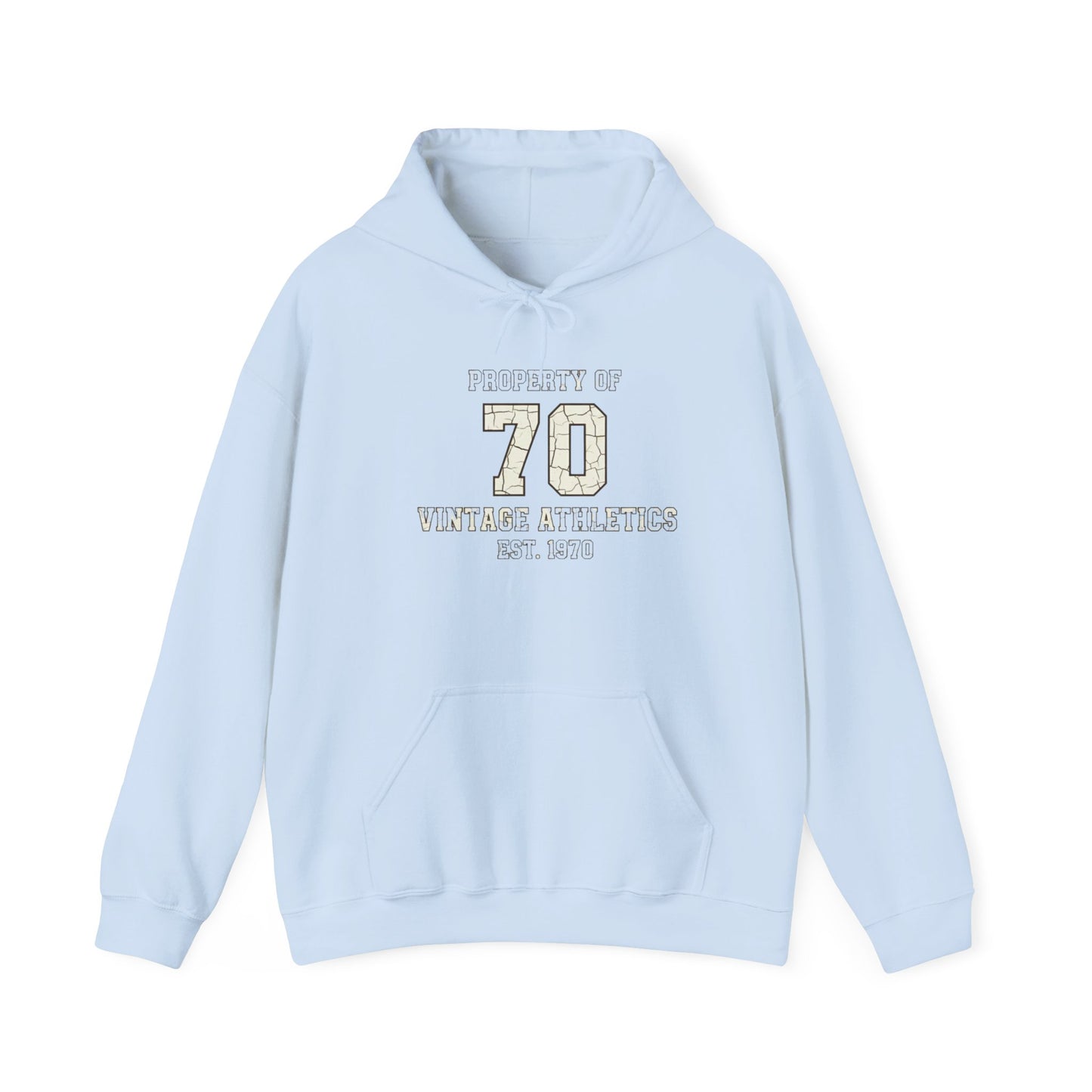 Vintage 70 Birth Year Varsity Hoodie – Retro 'Property of 70' Birth Year Comfort Sweatshirt