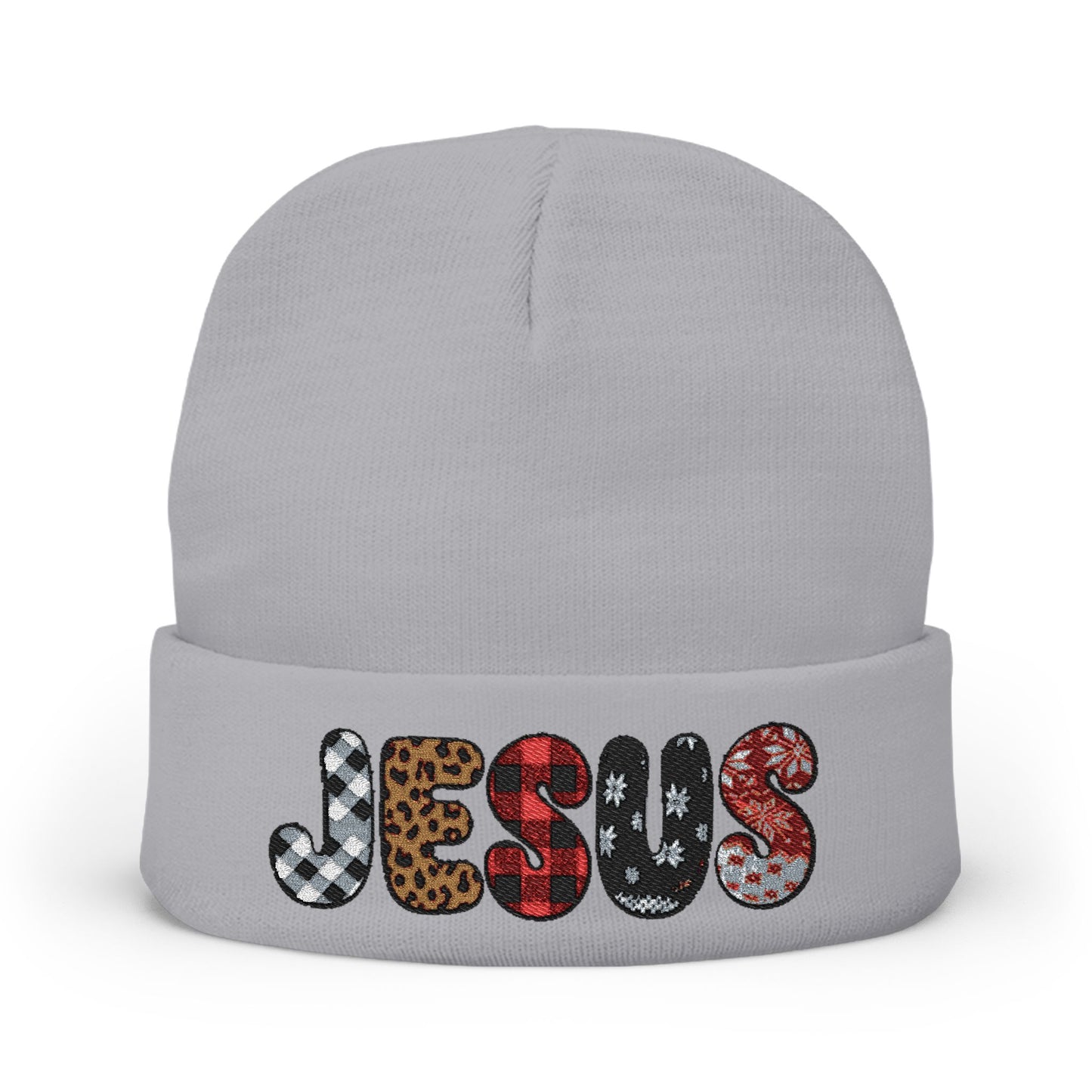 Embroidered 'JESUS' Knit Beanie – Leopard & Sequin Pattern Cuff